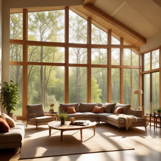 Sunlight streams into a modern eco-friendly living room with large windows and natural materials.
