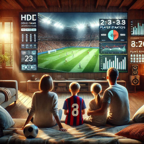 A vibrant scene with a family watching a soccer match on a large TV, data overlays explaining real-time game analytics.