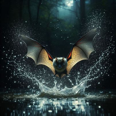 bat skimming a pond’s surface to drink