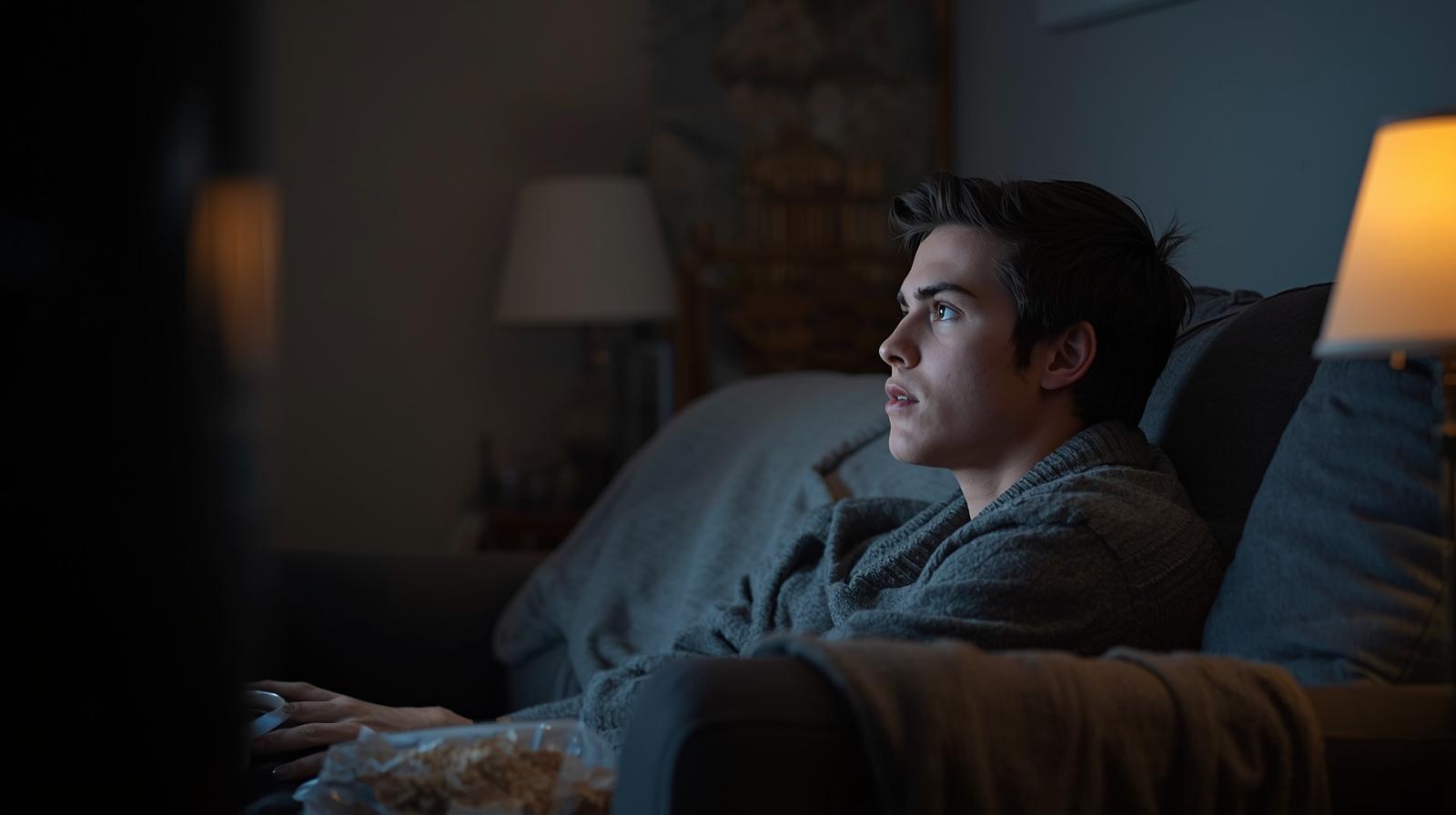Young adult absorbed in TV screen, cozy living room, warm lights, focused expression.