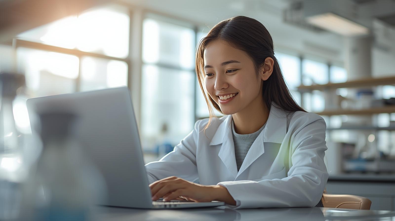 Scientist analyzing experimental data on laptop inside sunlit modern laboratory.