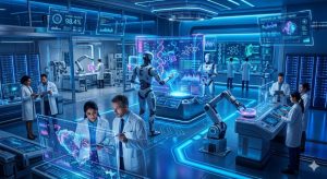 A futuristic laboratory with AI-powered robots analyzing data on holographic screens, scientists observing in a high-tech environment