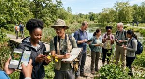 A diverse group of people using smartphones and notebooks to observe nature, collecting data outdoors in a scientific collaboration