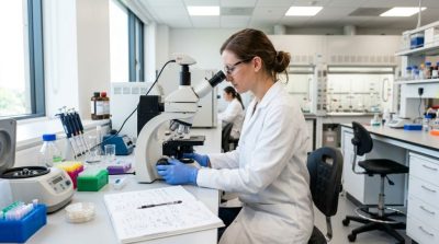 A modern science laboratory with a researcher examining samples through a microscope, laboratory equipment and scientific notes